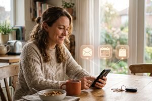 Parent reviewing AI app permission settings on a phone at the kitchen table.